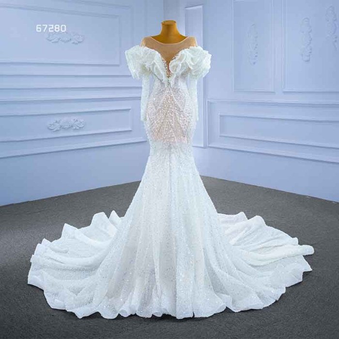 RSM67280 Sexy White V-neck Wedding Dress Transparent Lace 2022 Puff Sleeve Frill Pearl Beaded Gown