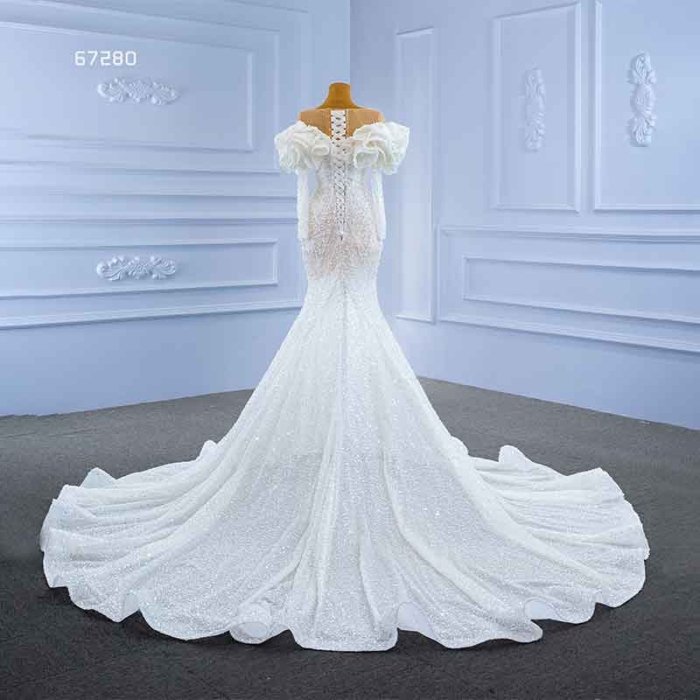 RSM67280 Sexy White V-neck Wedding Dress Transparent Lace 2022 Puff Sleeve Frill Pearl Beaded Gown - Image 3