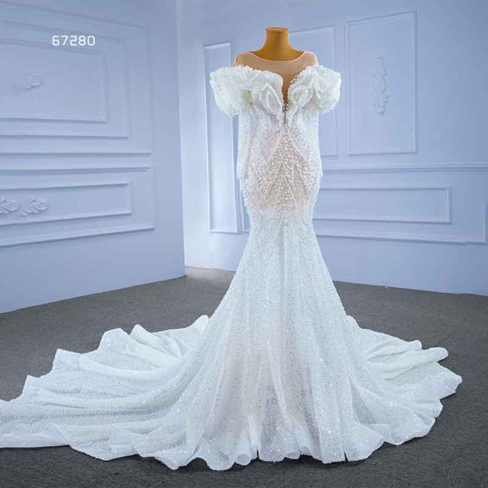 RSM67280 Sexy White V-neck Wedding Dress Transparent Lace 2022 Puff Sleeve Frill Pearl Beaded Gown - Image 2