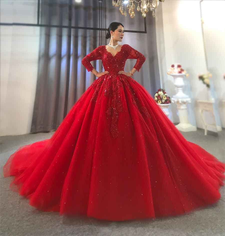 2022 red dress with long lace sleeves ...