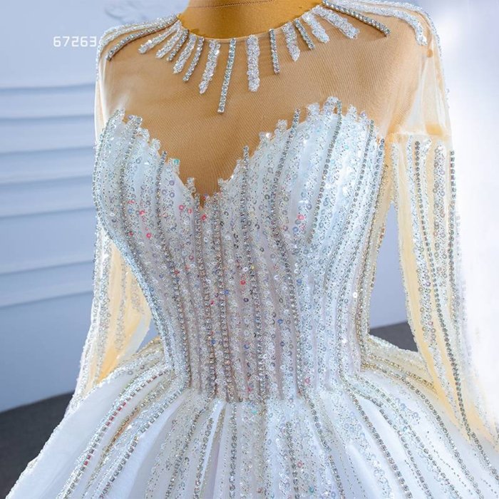 White Shiny New Year Wedding Dress Long Sleeve New Transparent Lace Metal Sequins Pattern Design Frill Formal Dress 67263 - Image 3