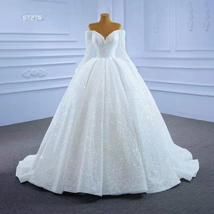 Shiny White Off-shoulder Tube Top Wedding Dress Bridal Wedding Long Sleeve Pleated 2023 New Pearl Tassel Sequins Dress 67276