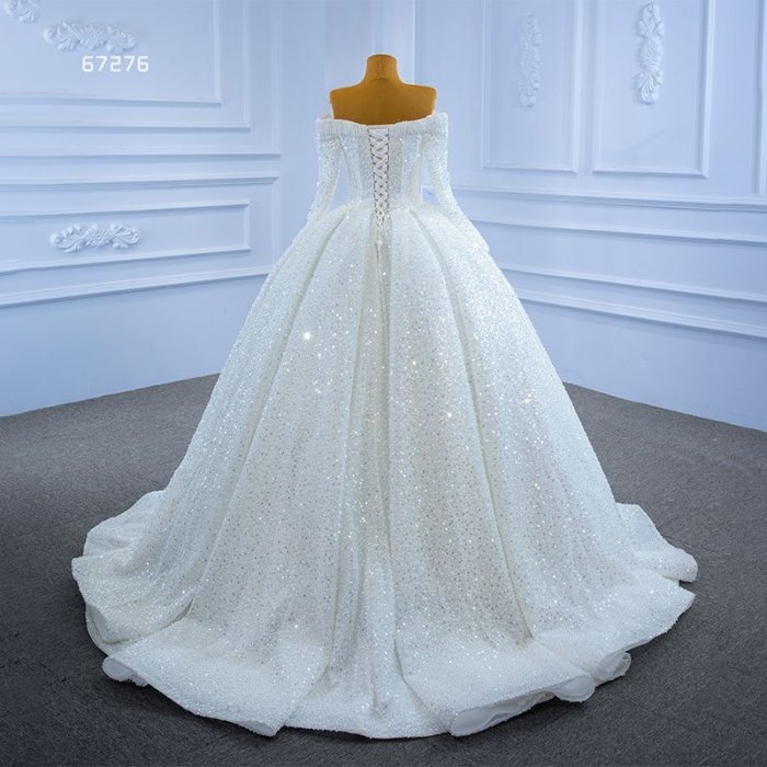 Shiny White Off-shoulder Tube Top Wedding Dress Bridal Wedding Long Sleeve Pleated 2023 New Pearl Tassel Sequins Dress 67276 - Image 2