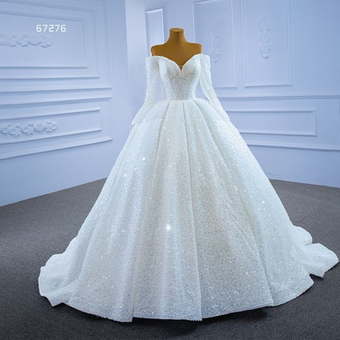 Shiny White Off-shoulder Tube Top Wedding Dress Bridal Wedding Long Sleeve Pleated 2023 New Pearl Tassel Sequins Dress 67276 - Image 6