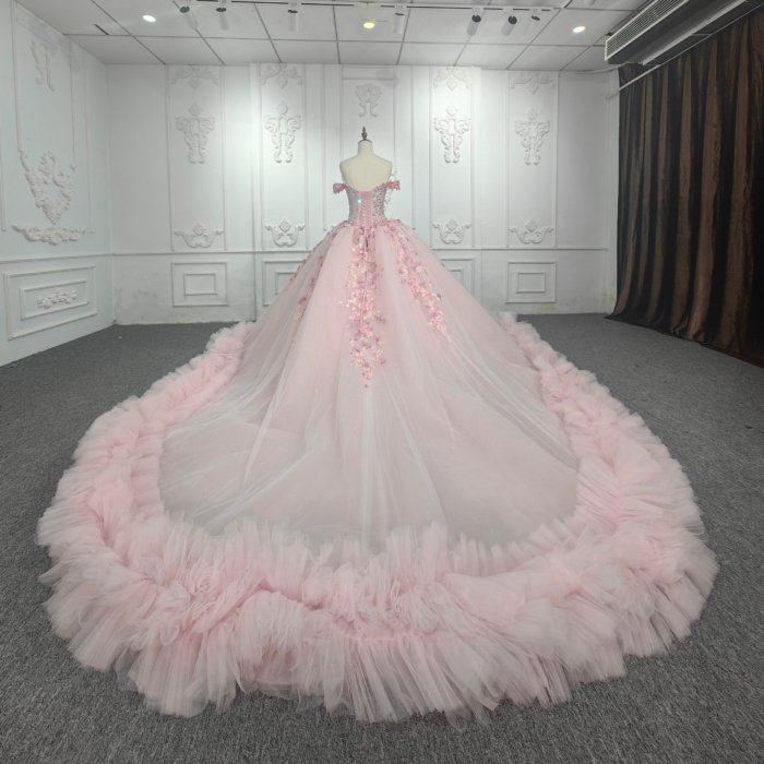 Evening Dresses for Weddings Ball Gown Off The Shoulder Deep V-Neck Tulle Pearls Pink Quinceanera Dresses - Image 2