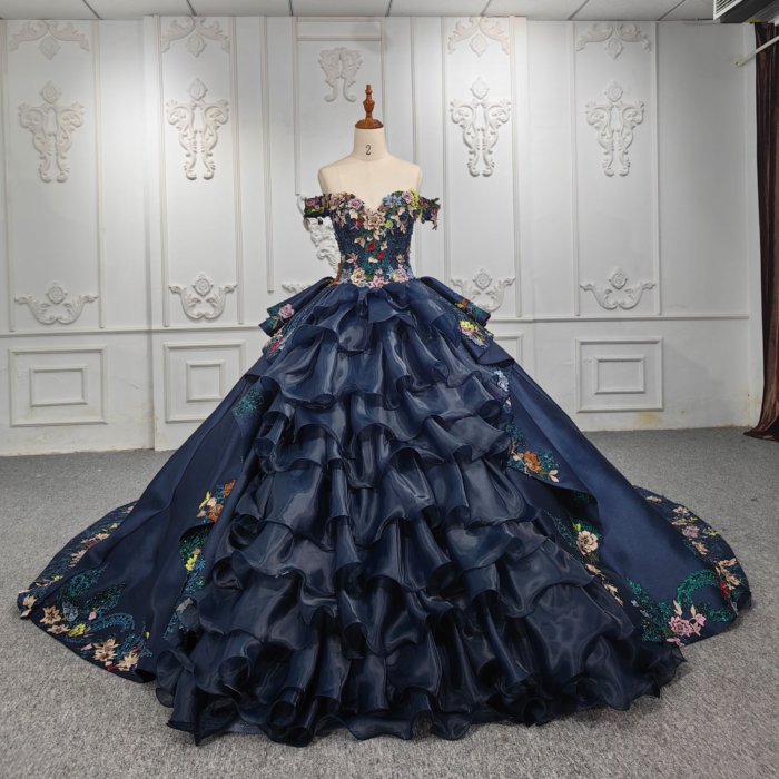 2023 Navy Blue Sleeveless V-Neck Quinceanera Dresses Gorgeous Flowers Shiny Ball Gown Girl Birthday Party Prom Dress DY9996