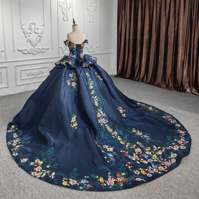 2023 Navy Blue Sleeveless V-Neck Quinceanera Dresses Gorgeous Flowers Shiny Ball Gown Girl Birthday Party Prom Dress DY9996 - Image 6