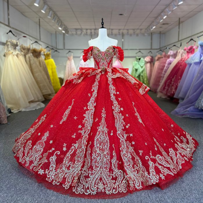 Glitter Red Quinceanera Dress Ball Gown Lace Applique V-neck Beading Sequins Spaghetti Corset Sweet 16 Vestido De 15 Anos 1261A