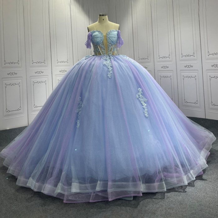 Blue Quinceanera Dress Sweet 15 Evening Dress Crystal Sleeveless Ball Gown Off Shoulder Vestido De Niña De Las Flores C02