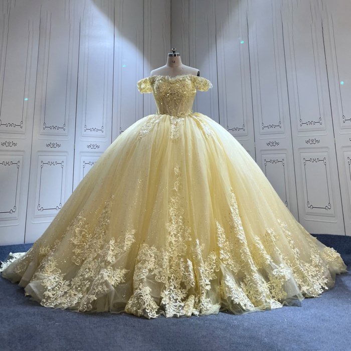 Yellow Quinceanera Dress Sweet 15 Evening Dress Crystal Sleeveless Ball Gown Off Shoulder Beading Vestido De Quinceañera C03