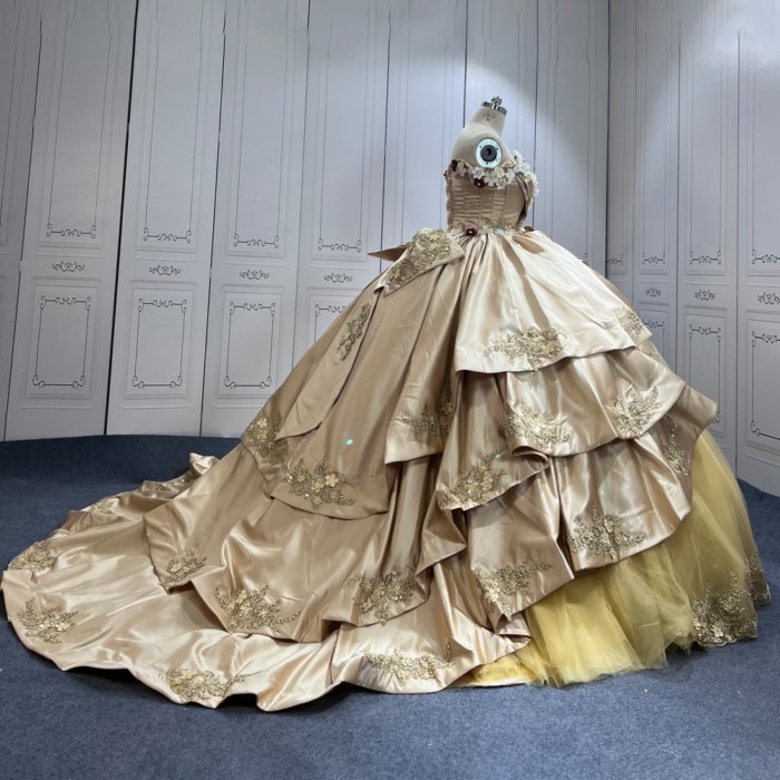 Gold Quinceanera Dress Sweet 15 Evening Dress Crystal Sleeveless Ball Gown Beading Flowers Vestido De Quinceañera C04 - Image 2