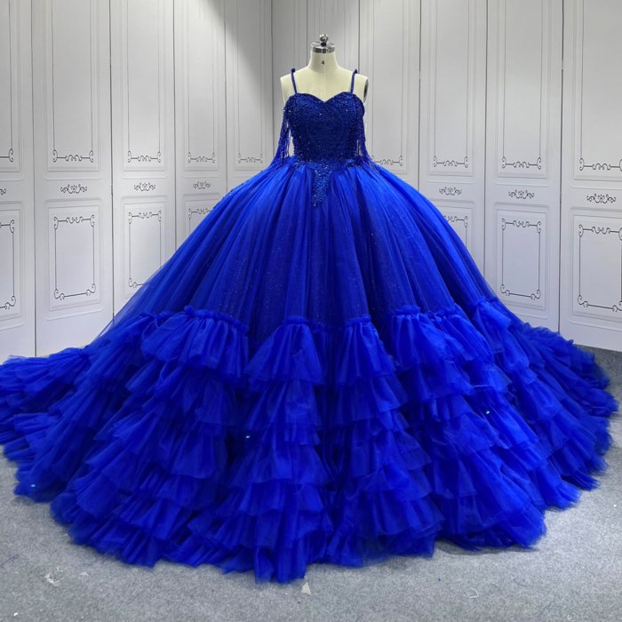 Blue Quinceanera Dress Sweet 15 Evening Dress Crystal Sleeveless Ball Gown Beading Vestido De Quinceanera C21