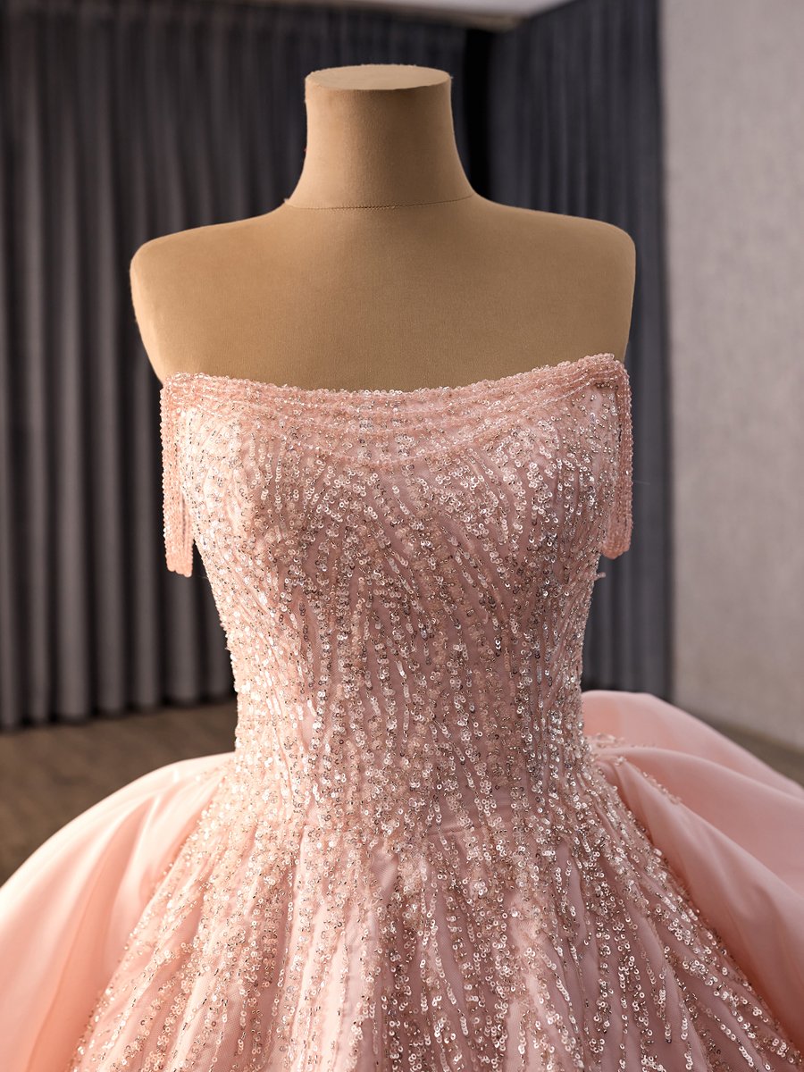 Sparkly Pink Off The Shoulder Quinceanera Dress Sequin Strapless Ball Gown Style - Image 3