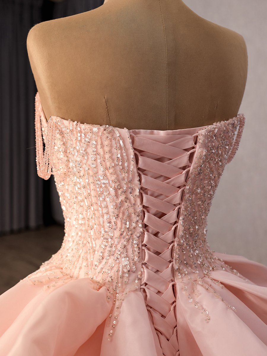 Sparkly Pink Off The Shoulder Quinceanera Dress Sequin Strapless Ball Gown Style - Image 6