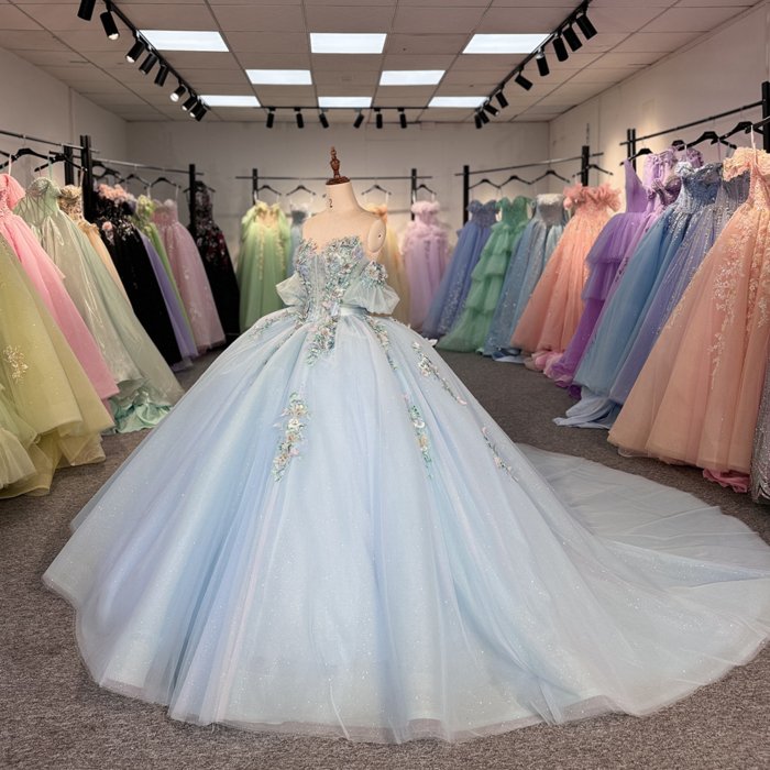 Blue Fairy Princess Quinceanera Dresses Handmade Flower Floral Off Shoulder Sweep Train Prom Party Gown vestidos 15 años 6823A - Image 5