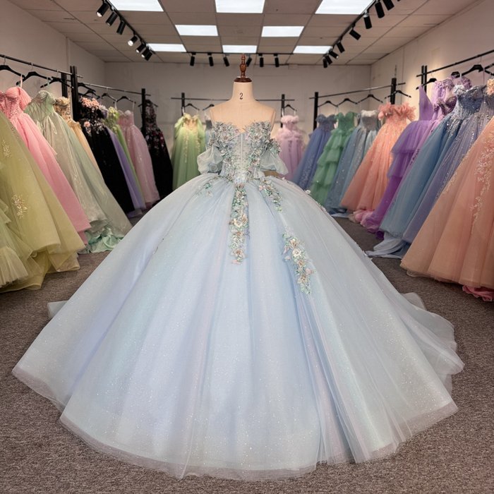 Blue Fairy Princess Quinceanera Dresses Handmade Flower Floral Off Shoulder Sweep Train Prom Party Gown vestidos 15 años 6823A