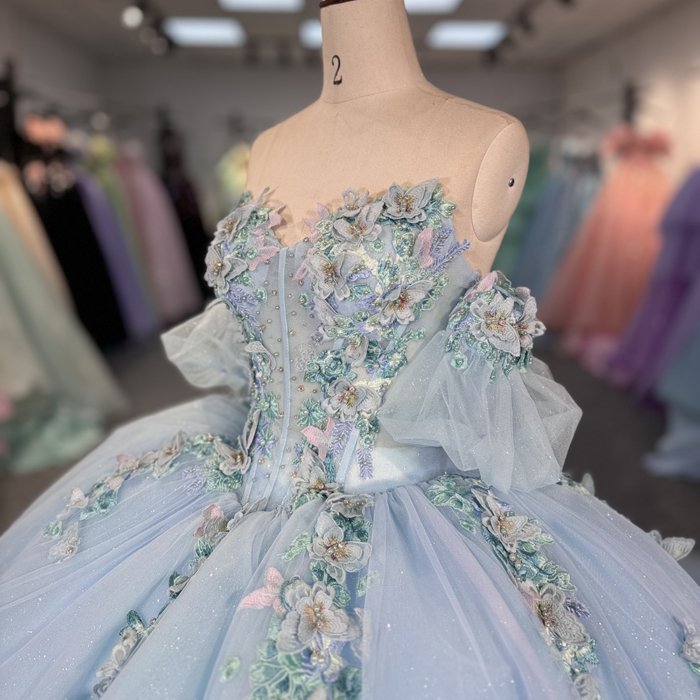 Blue Fairy Princess Quinceanera Dresses Handmade Flower Floral Off Shoulder Sweep Train Prom Party Gown vestidos 15 años 6823A - Image 3