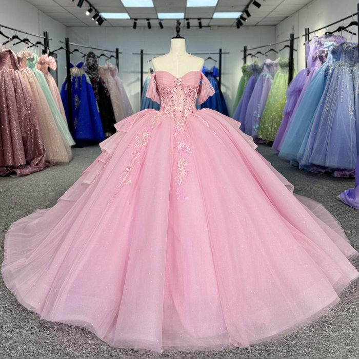 Gogerous Scoop Neck Customized Quinceanera Dresses Sweep Train Short Sleeve Beauty Pageant Prom Gowns vestido de 15 años 1272