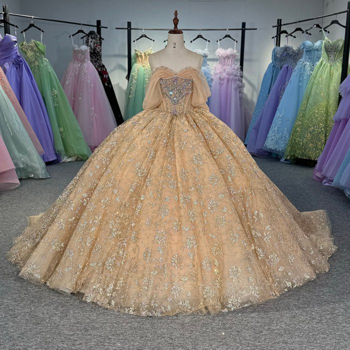 2025 Gold Quinceanera Dress Sweet 15 Evening Dress Crystal Sleeveless Ball Gown Beading Vestido De Niña De Las Flores 1230