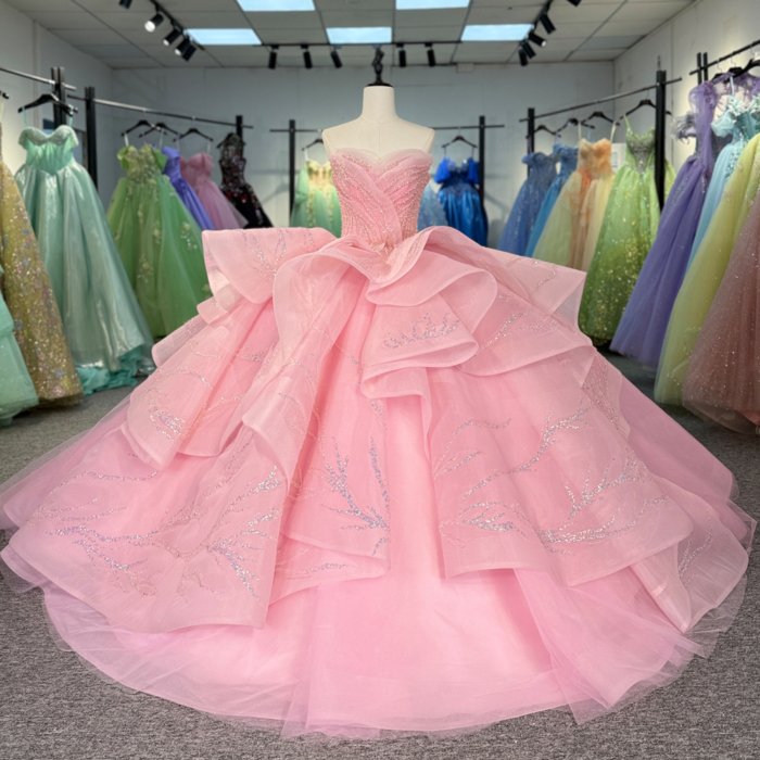 Pink Quinceanera Dresses for Girls Strapless Ruffles Vestidos 15 De Quinceañera Customized vestidos de quinceañera 6866