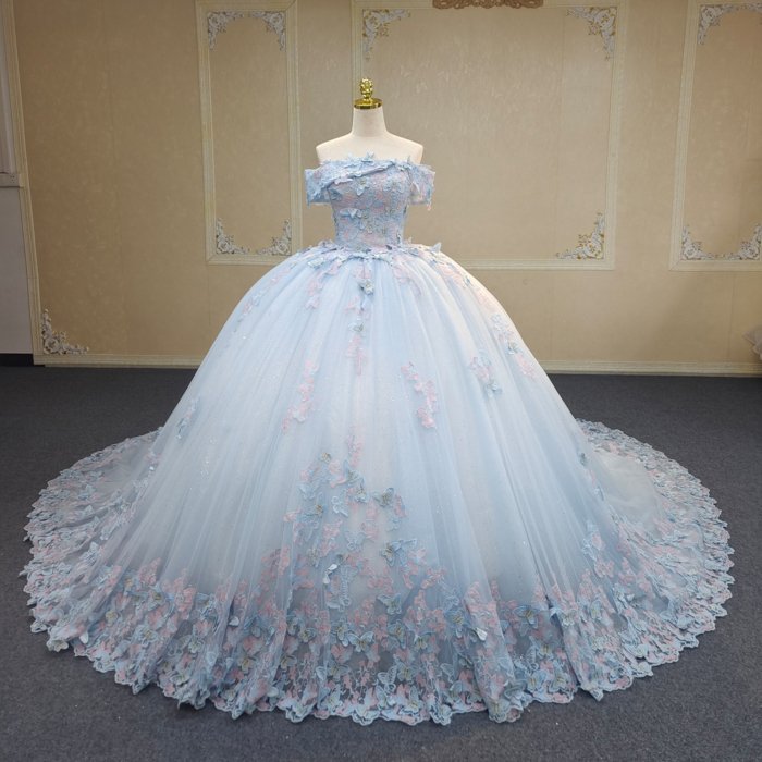 2025 Blue Quinceanera Dress Sweet 15 Quinceañera Flowers Vestidos De 15 Años Sequined Beading Lace Evening Party Dress ANY03