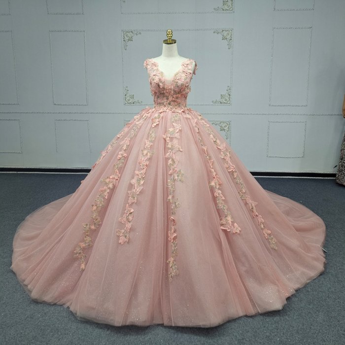 2025 Pink Quinceanera Dress Sweet 15 Quinceañera Flowers Vestidos De 15 Años Sequined Beading Lace Evening Party Dress ANY04