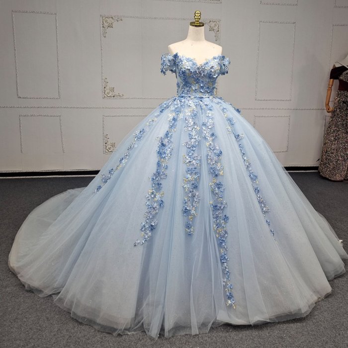 2025 Blue Quinceanera Dress Sweet 15 Quinceañera Flowers Vestidos De 15 Años Sequined Beading Lace Evening Party Dress ANY05