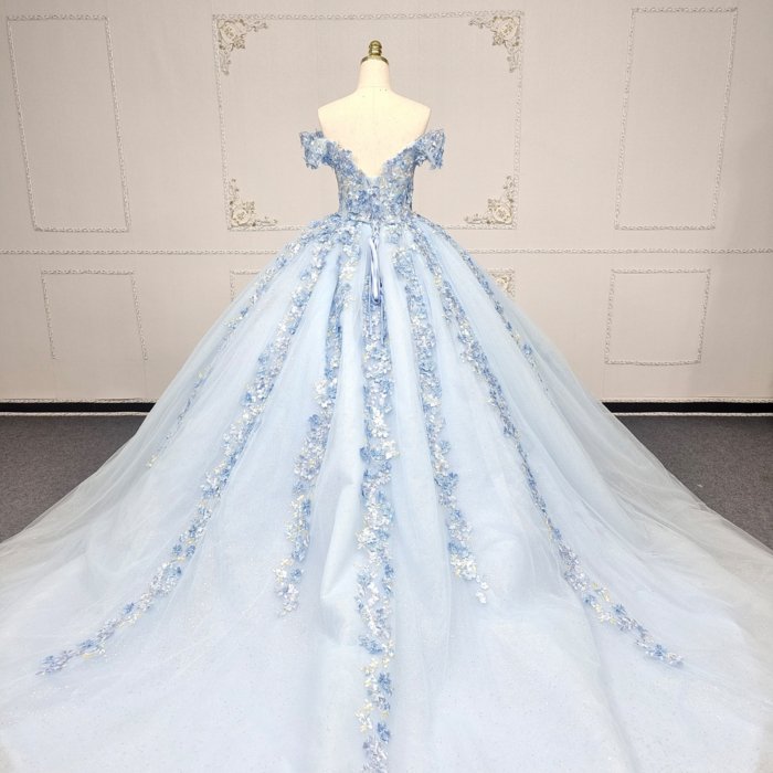 2025 Blue Quinceanera Dress Sweet 15 Quinceañera Flowers Vestidos De 15 Años Sequined Beading Lace Evening Party Dress ANY05 - Image 4