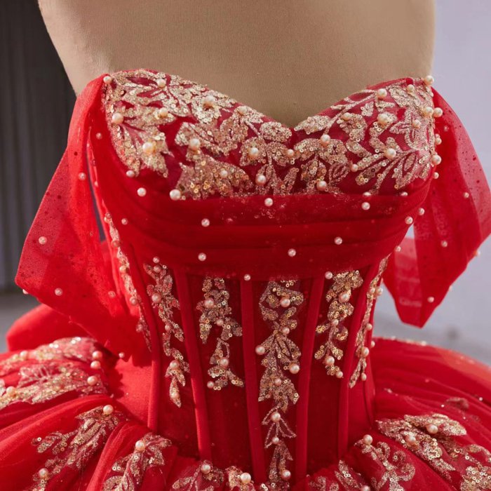 Red Shinny Bow 15 Dress Quinceanera 2025 Beaded Off The Shoulder Ball Gown Quince Dress Formal Occasion Gowns Customized 241162 - Image 3