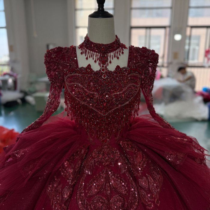 Ball Gown Red Wedding Dress Superfine Long Sleeves Court Train Women Bridal Dresses Square Collar Vestido de novia XS156 - Image 3
