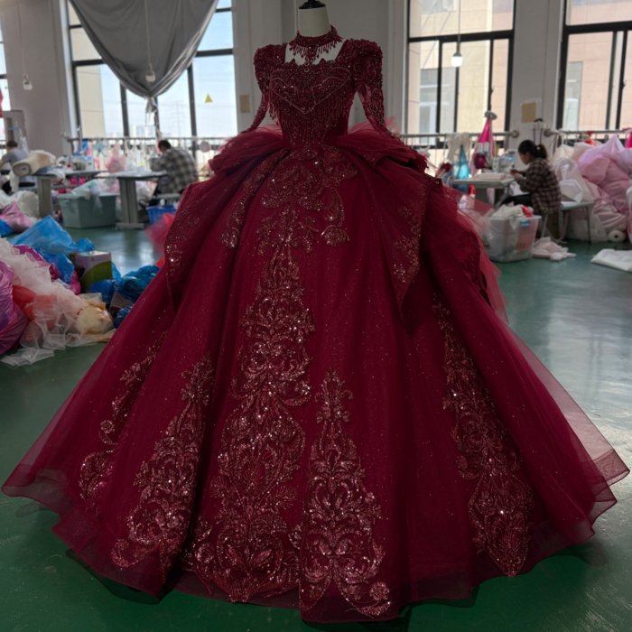 Ball Gown Red Wedding Dress Superfine Long Sleeves Court Train Women Bridal Dresses Square Collar Vestido de novia XS156 - Image 5
