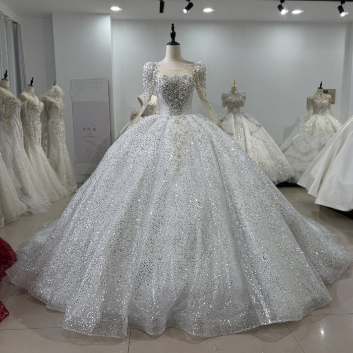 2025 Bridal Dresses O-Neck Long Sleeve Lace Up Back Shiny Beading Crystal Princess Ball Gown Wedding Dresses Pearls платье свадебное XS158