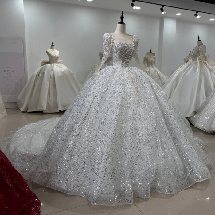 2025 Bridal Dresses O-Neck Long Sleeve Lace Up Back Shiny Beading Crystal Princess Ball Gown Wedding Dresses Pearls платье свадебное XS158 - Image 5