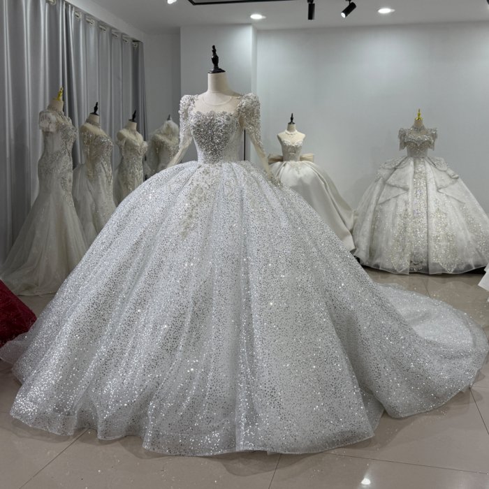 2025 Bridal Dresses O-Neck Long Sleeve Lace Up Back Shiny Beading Crystal Princess Ball Gown Wedding Dresses Pearls платье свадебное XS158 - Image 4