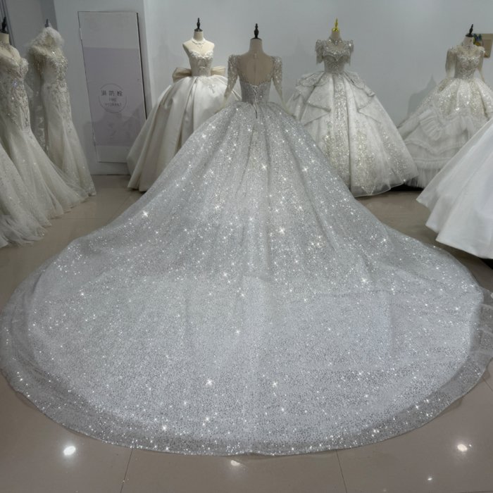 2025 Bridal Dresses O-Neck Long Sleeve Lace Up Back Shiny Beading Crystal Princess Ball Gown Wedding Dresses Pearls платье свадебное XS158 - Image 2