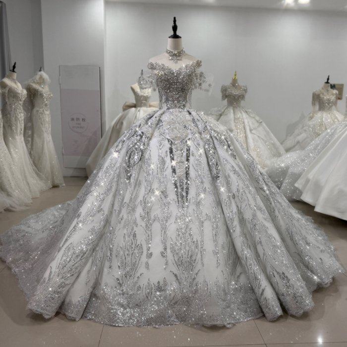 Elegant Wedding Dress Off Shoulder Luxurious Detachable Sleeves Pearl Bridal Gown Shiny Ball Gown Customized vestidos de novia boda XS160