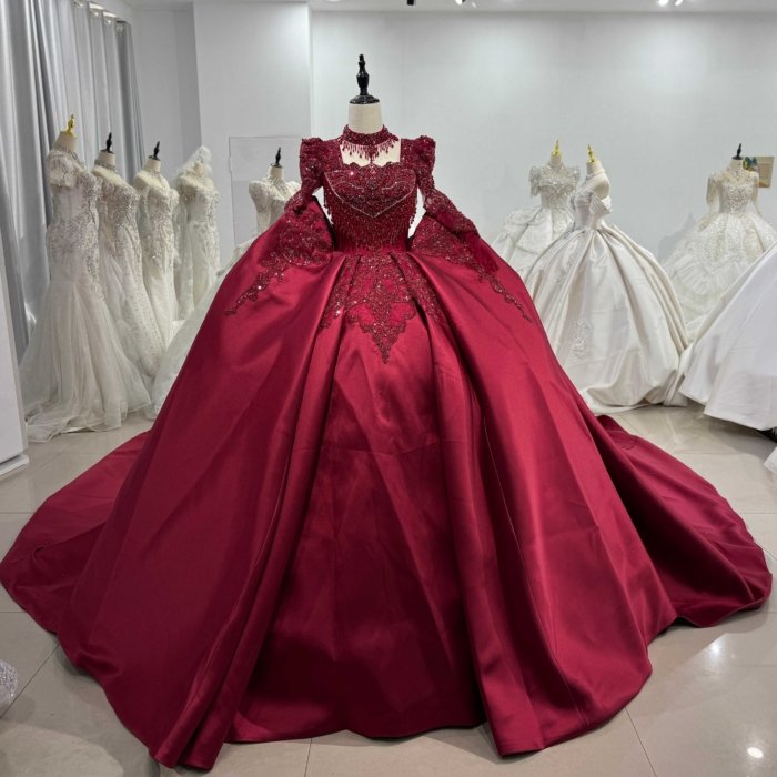 High Neck Wedding Dresses Vestido De Noiva Long Sleeve Ball Gown Stylish Wedding Dress Hand Made Flowers Sequined Beading XS163