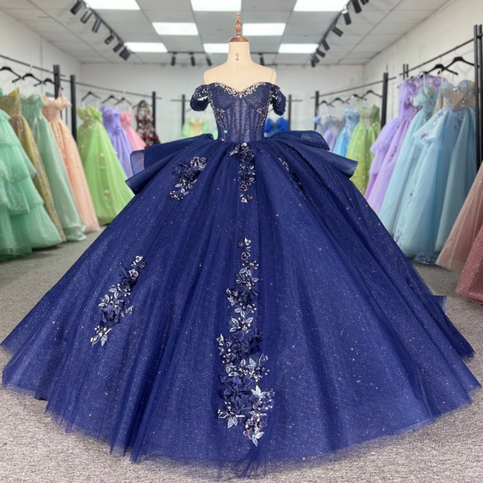 2025 Navy Blue Quinceanera Dress Sweet 15 Quinceañera Flowers Vestidos De 15 Años Sequined Beading Lace Evening Party Dress 1309
