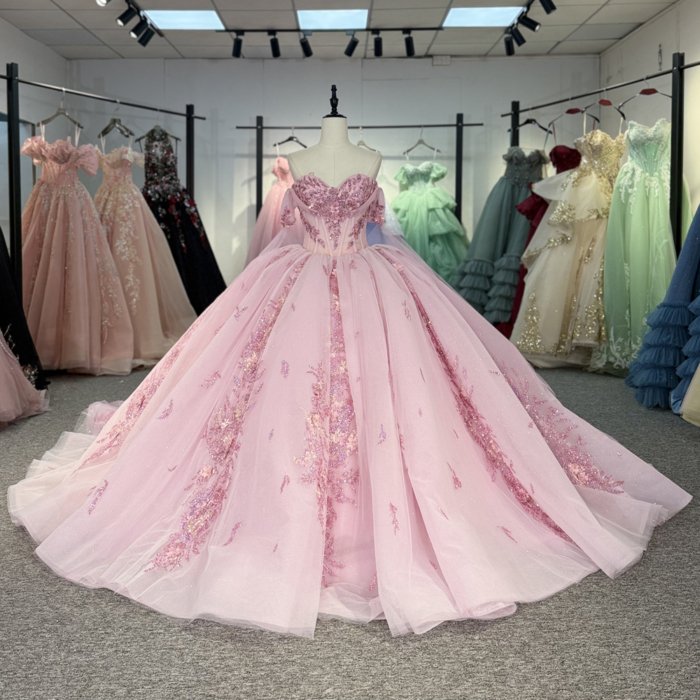 2025 Pink Quinceanera Dress Sweet 15 Quinceañera Flowers Vestidos De 15 Años Sequined Beading Lace Evening Party Dress 1337