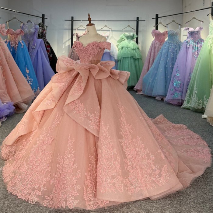 2025 Pink Quinceanera Dress Sweet 15 Quinceañera Flowers Vestidos De 15 Años Sequined Beading Lace Off Shoulder Party Dress 1364 - Image 5