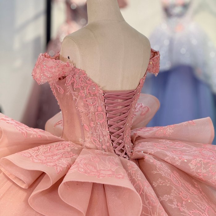 2025 Pink Quinceanera Dress Sweet 15 Quinceañera Flowers Vestidos De 15 Años Sequined Beading Lace Off Shoulder Party Dress 1364 - Image 4