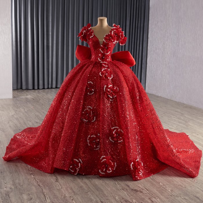 Shiny Red Quinceanera Dress Organza Ball Gown Sequins Lace Princess Applique Beaded vestidos de 15 quinceañera 251044