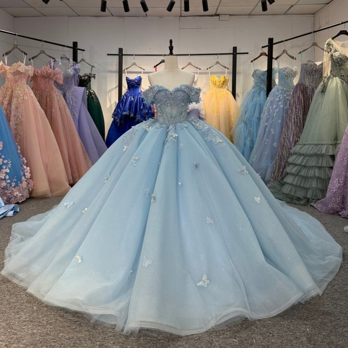 2025 Sky Blue Quinceanera Dress Sweet 15 Quinceañera Flowers Vestidos De 15 Años Sequined Beading Lace Evening Party Dress 6862