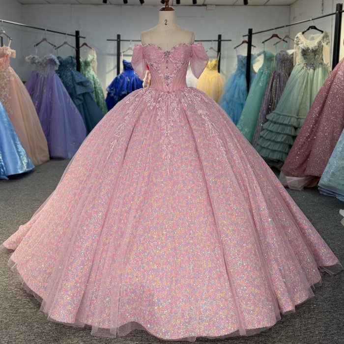 2025 Pink Quinceanera Dress Sweet 15 Quinceañera Flowers Vestidos De 15 Años Sequined Beading Lace Evening Party Dress Rosa vestidos de quinceañera 6882