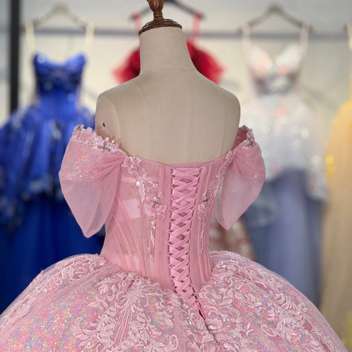 2025 Pink Quinceanera Dress Sweet 15 Quinceañera Flowers Vestidos De 15 Años Sequined Beading Lace Evening Party Dress Rosa vestidos de quinceañera 6882 - Image 4