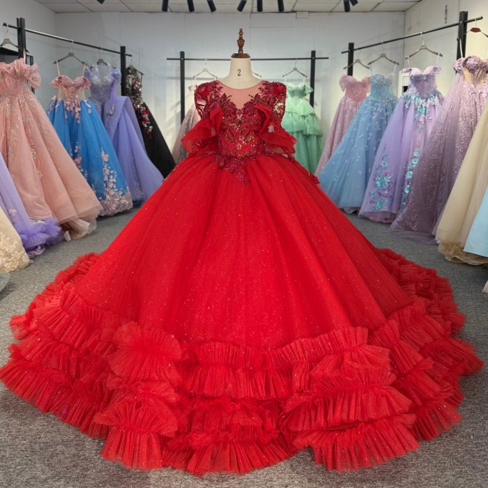 2025 Red Quinceanera Dress Sweet 15 Quinceañera Flowers Vestidos De 15 Años Sequined Beading Lace Evening Party Dress 6886