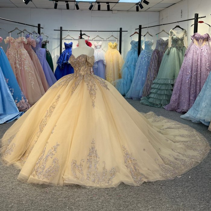 2025 Gold Quinceanera Dress Sweet 15 Quinceañera Flowers Vestidos De 15 Años Sequined Beading Lace Evening Party Dress 6887 - Image 5