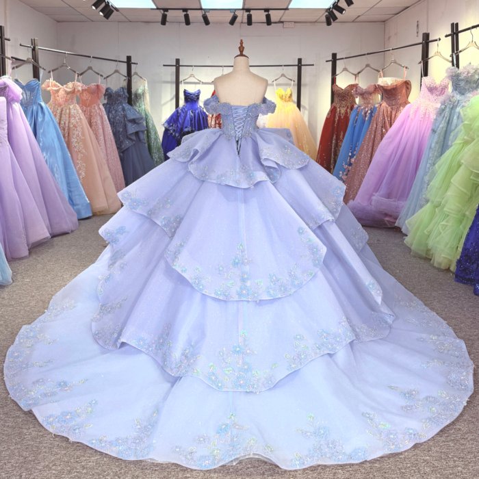 2025 Light Blue Quinceanera Dress Sweet 15 Quinceañera Flowers Vestidos De 15 Años Sequined Beading Lace Evening Party Dress 6907 - Image 2