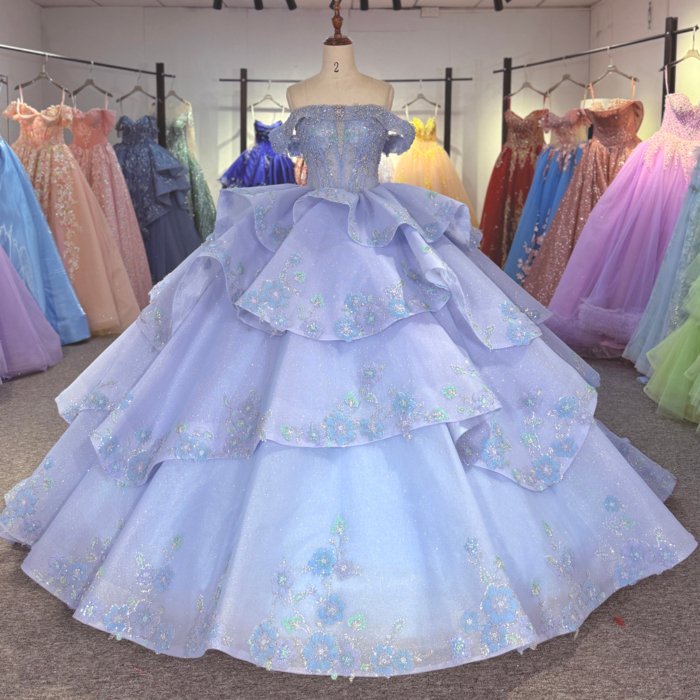 2025 Light Blue Quinceanera Dress Sweet 15 Quinceañera Flowers Vestidos De 15 Años Sequined Beading Lace Evening Party Dress 6907