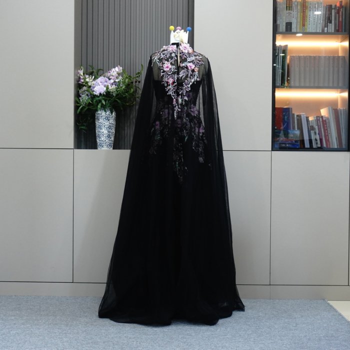 Luxury Dubai Black Evening Dresses with Cape Strapless Prom Dresses Crystal Elegant Women Wedding Formal Party Gown MH03 - Image 2